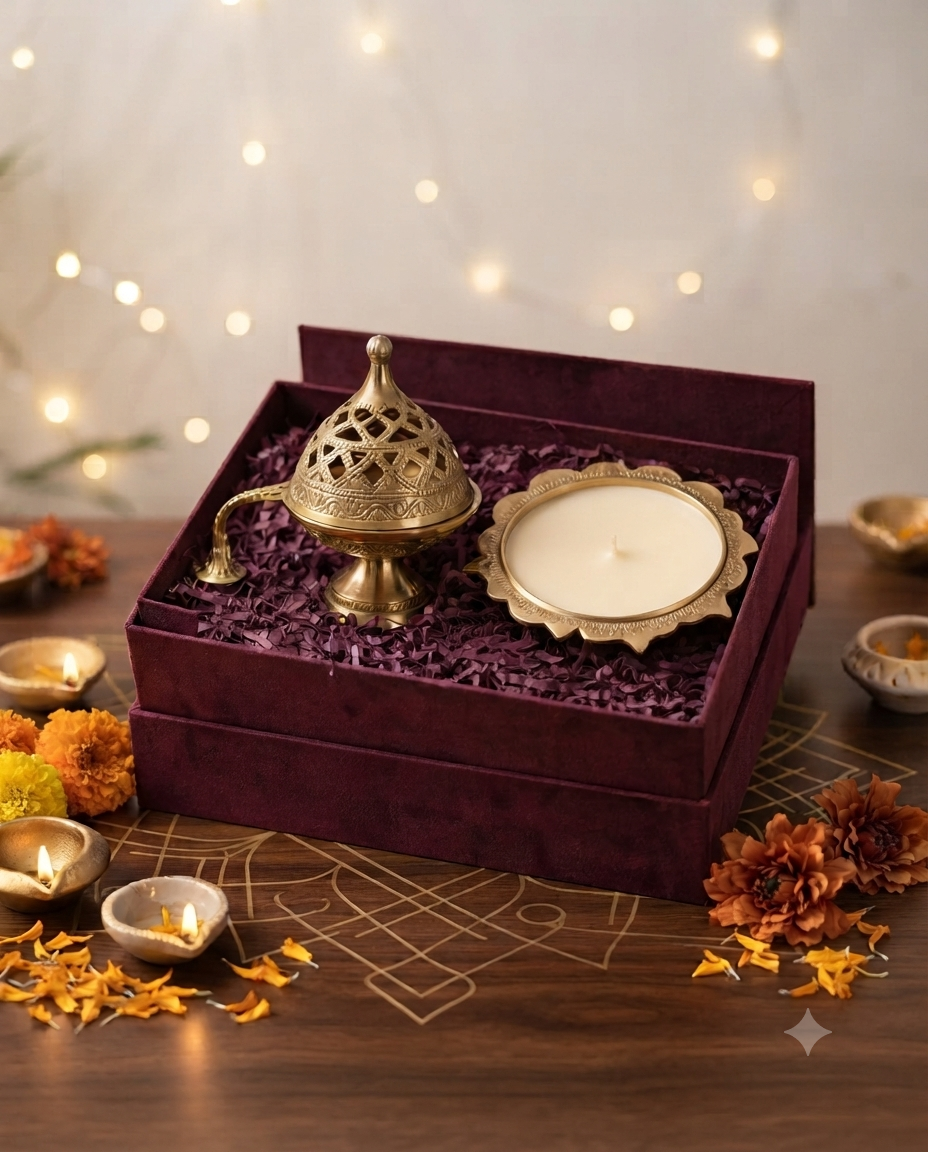 Hamper 16 rigid Diwali gift box with brass loban and lotus urli candle