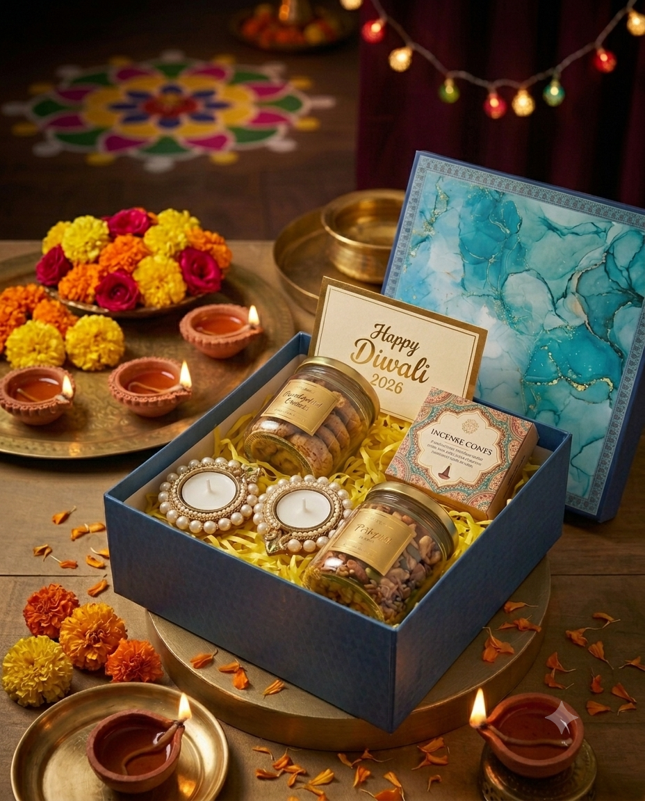 The Festive Rituals corporate Diwali hamper in a blue rigid gift box