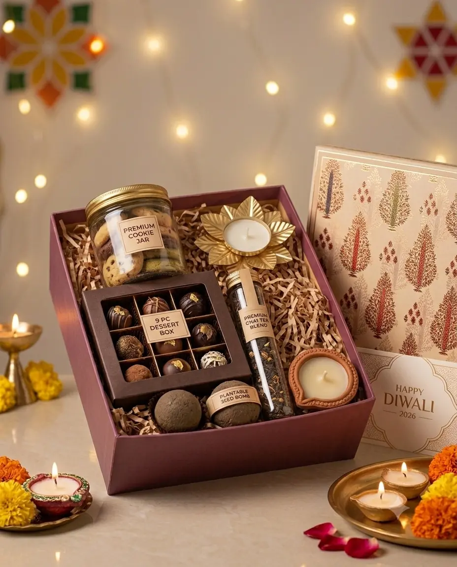Hamper 09 rigid Diwali gift box with desserts, cookie jar, tea, diyas and plantable seed bombs