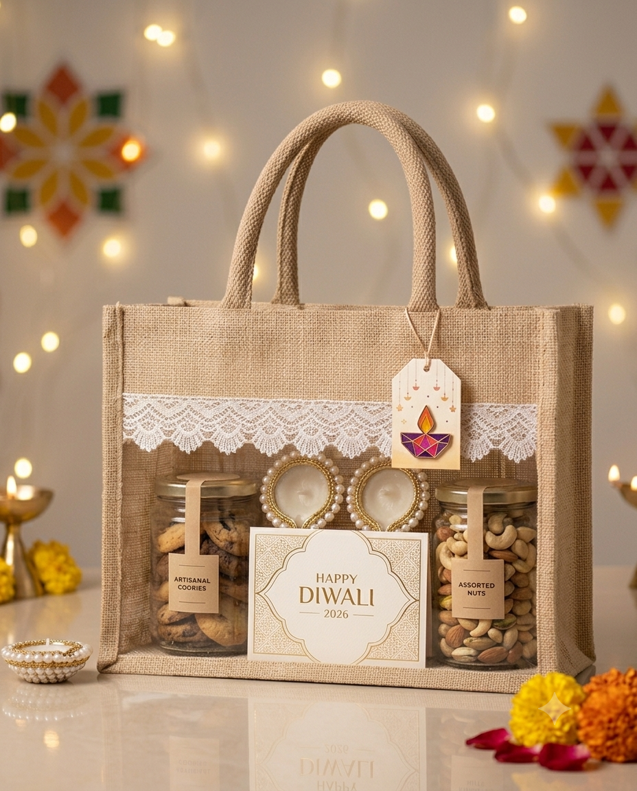 The Golden Indulgence corporate Diwali hamper in a premium jute bag