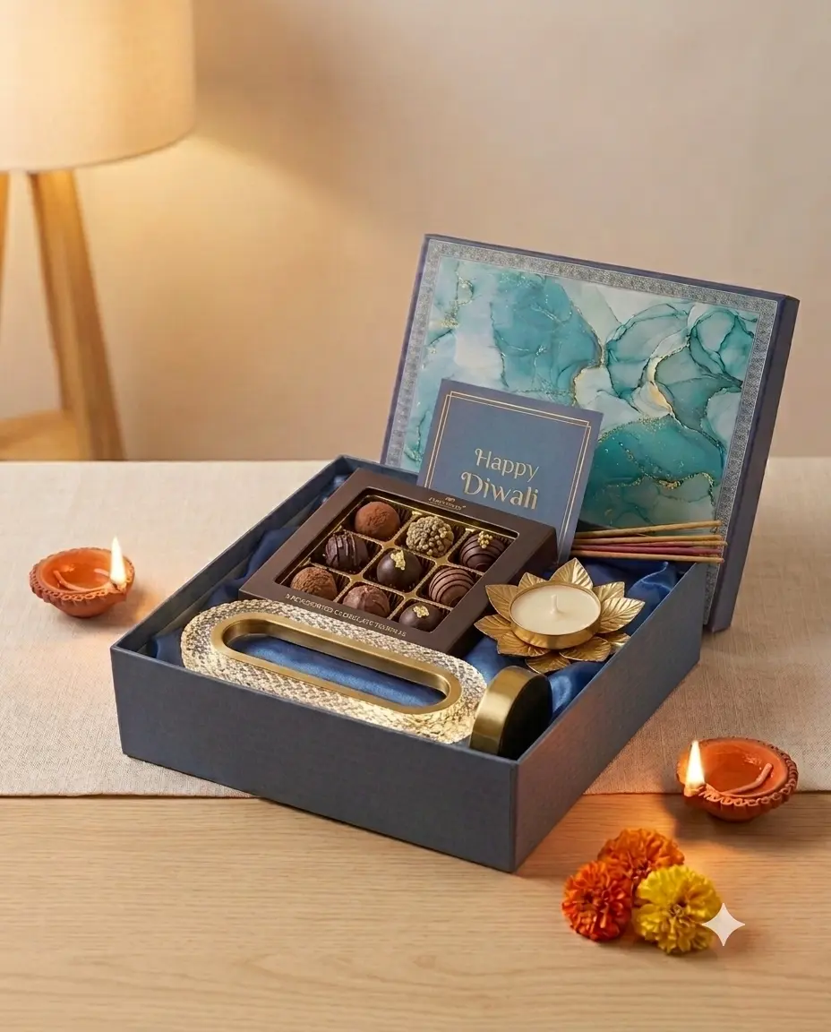 Hamper 12 rigid Diwali gift box with wireless lamp, dessert box, incense and lotus diya