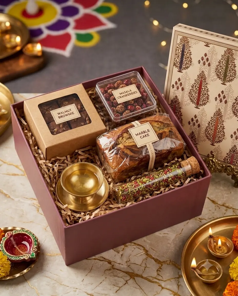 Hamper 07 rigid Diwali gift box with brownie, cranberries, marble cake, brass diya and mukhwas