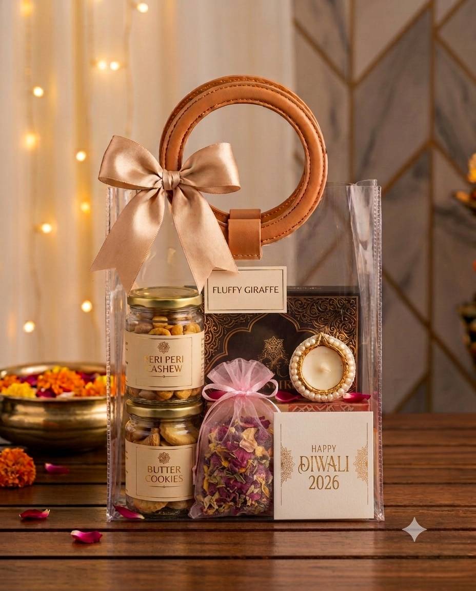 The Festive Grandeur corporate Diwali hamper in a premium transparent gift bag