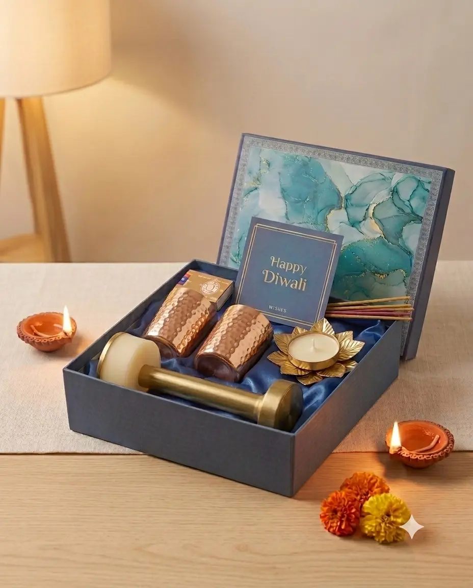 Hamper 13 rigid Diwali gift box with wireless lamp, hammered copper glasses, lotus diya and incense