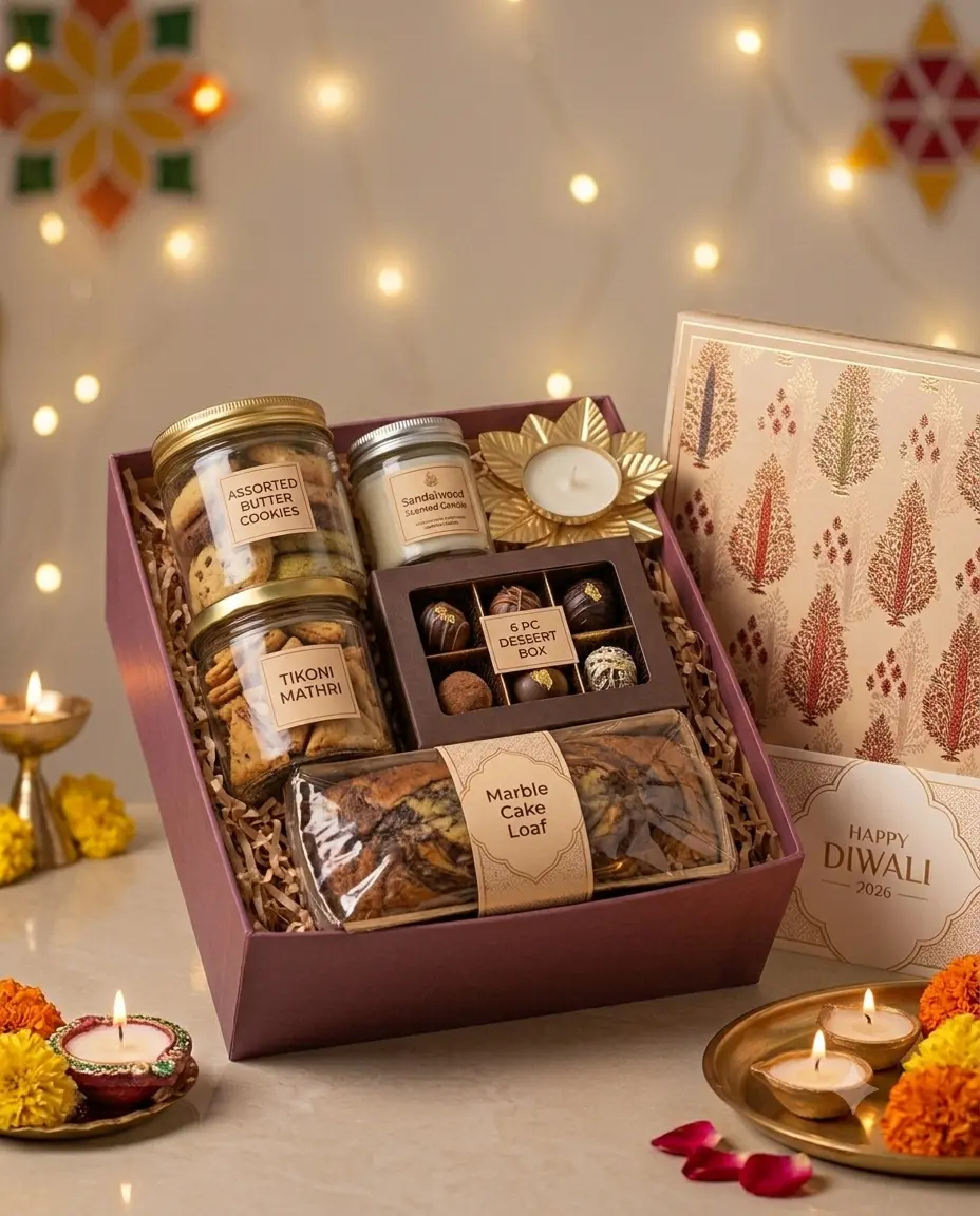Hamper 08 rigid Diwali gift box with cookies, tikoni mathri, desserts, marble cake, diya and candle