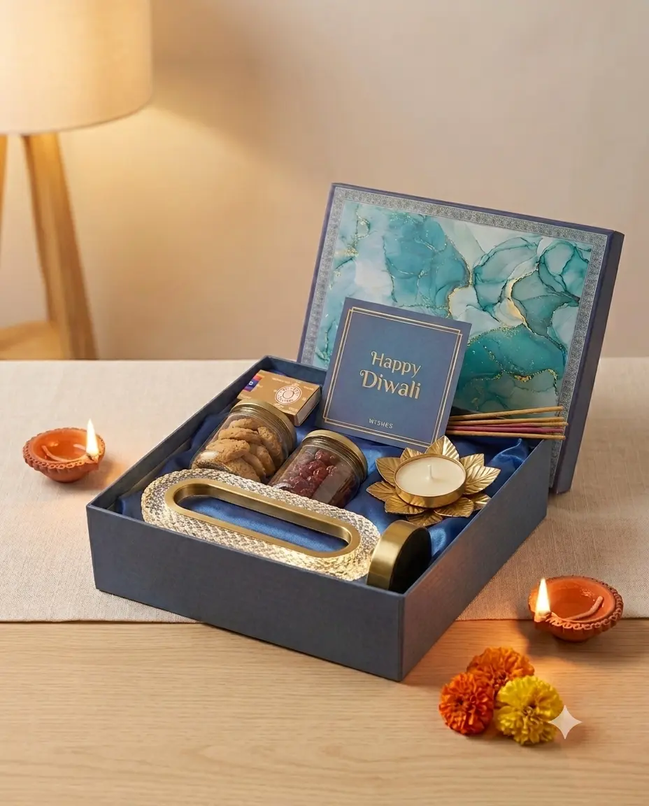 Hamper 10 rigid Diwali gift box with wireless lamp, cookies, cranberries, incense and lotus diya