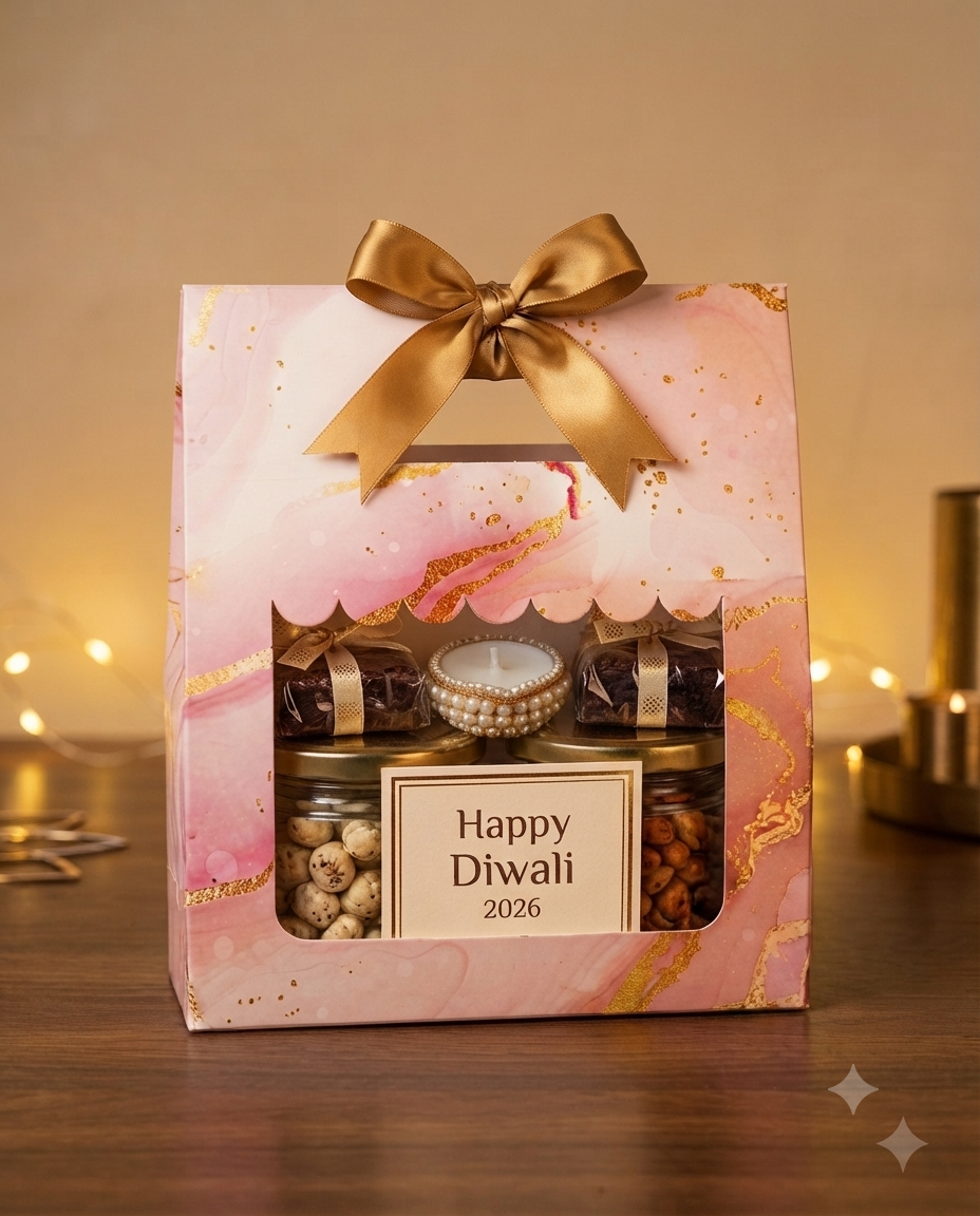 The Festive Essentials corporate Diwali hamper in a pink premium paper bag
