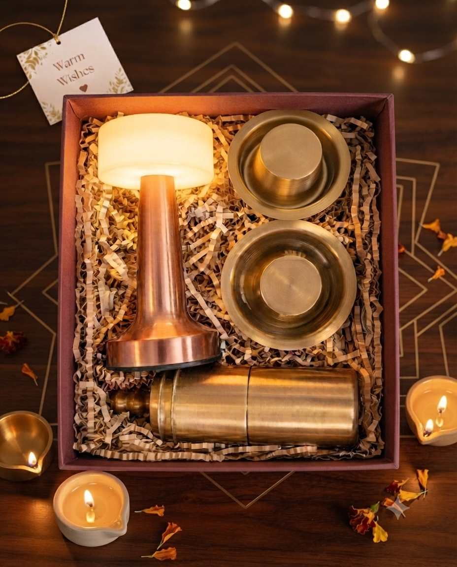 Hamper 15 rigid Diwali gift box with filter coffee and dabara set and a wireless lamp