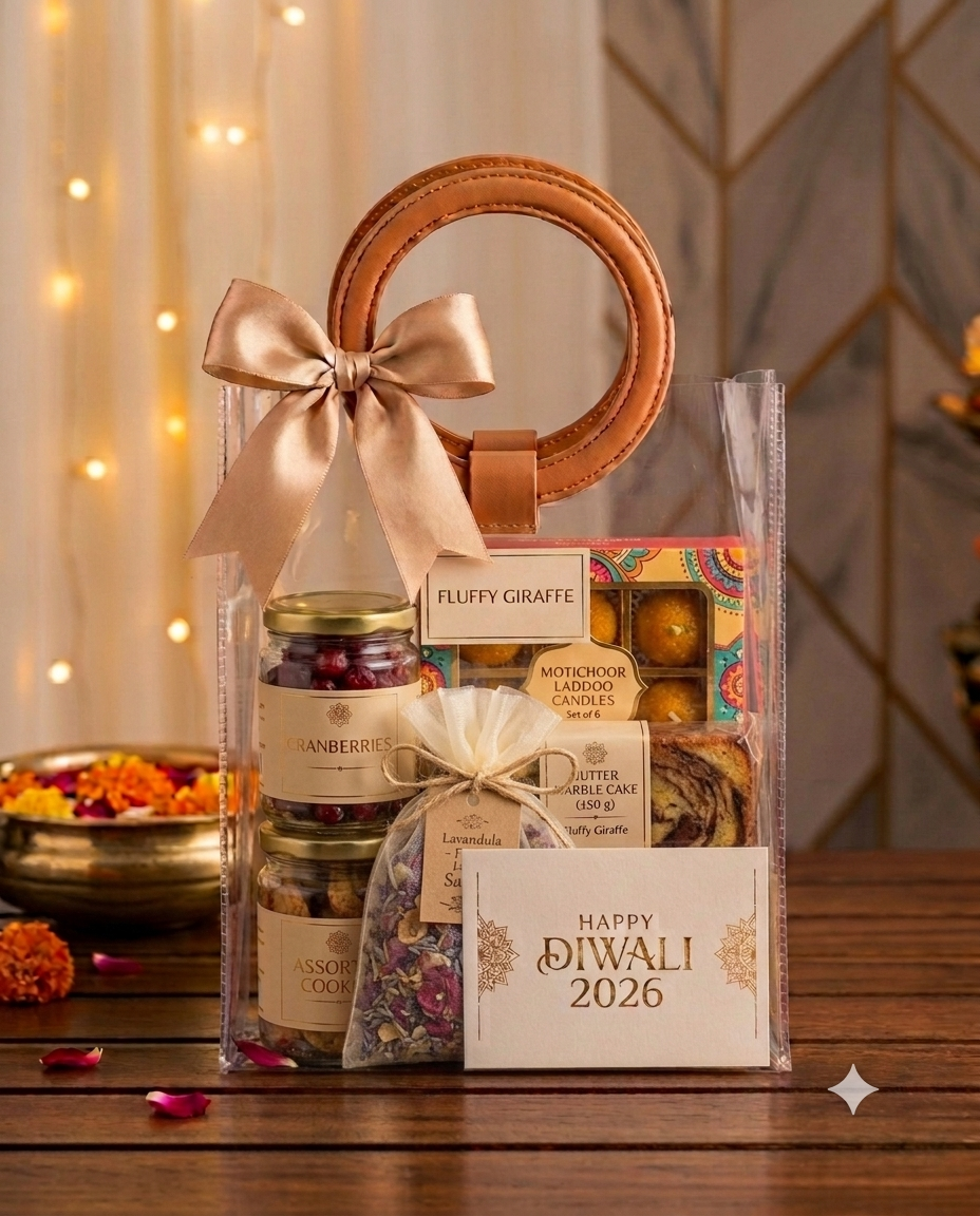 The Grand Celebration corporate Diwali hamper in a premium transparent gift bag