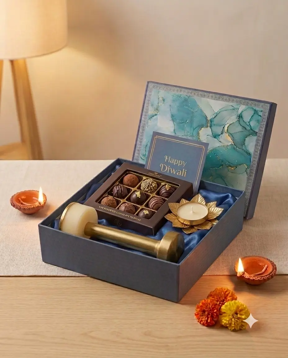 Hamper 14 rigid Diwali gift box with wireless lamp, nine-piece dessert box and lotus diya