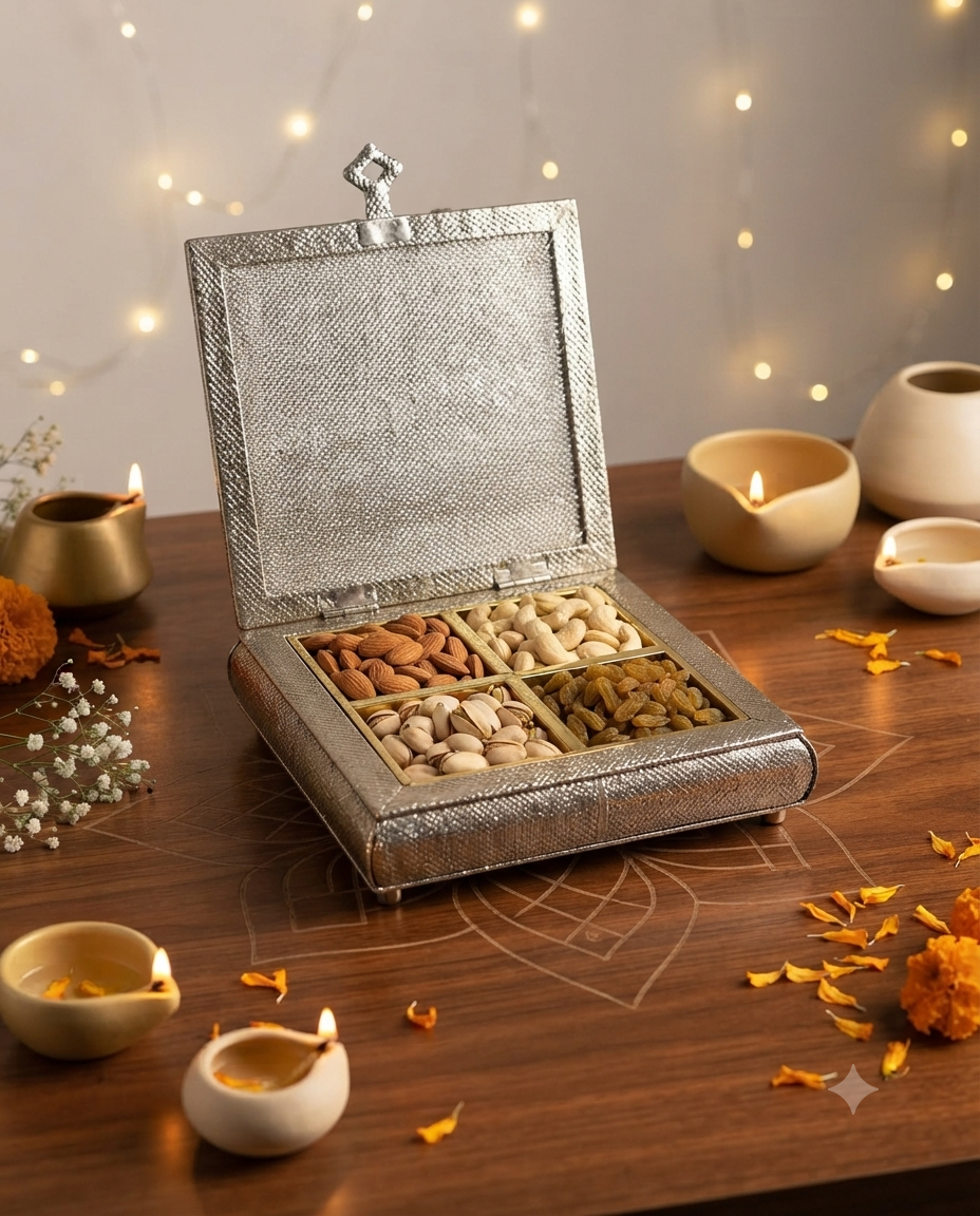 Hamper 17 silver dry fruit tray with four sections of assorted nuts