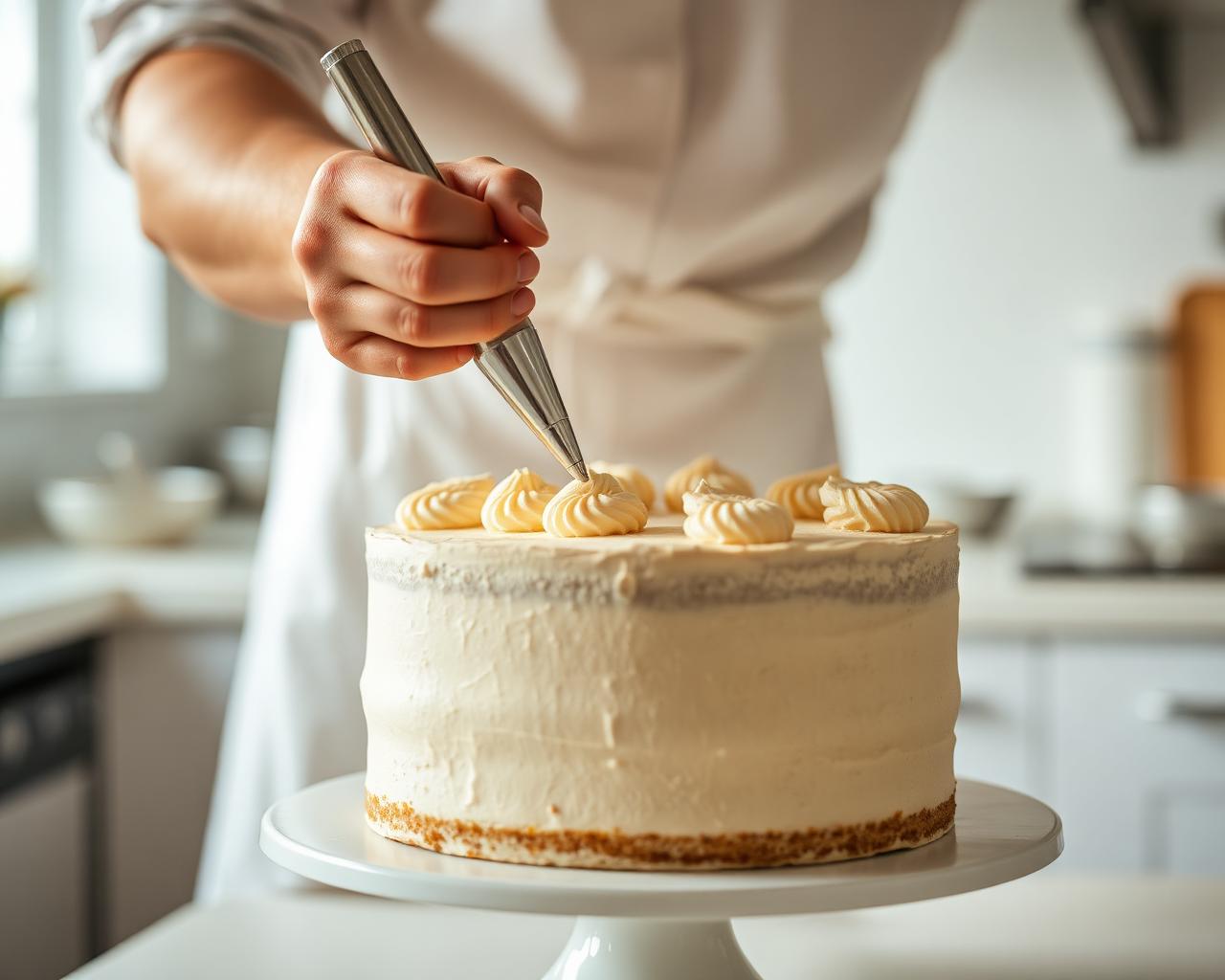 Baker hand-finishing a photo cake in the Fluffy Giraffe kitchen in Gurgaon