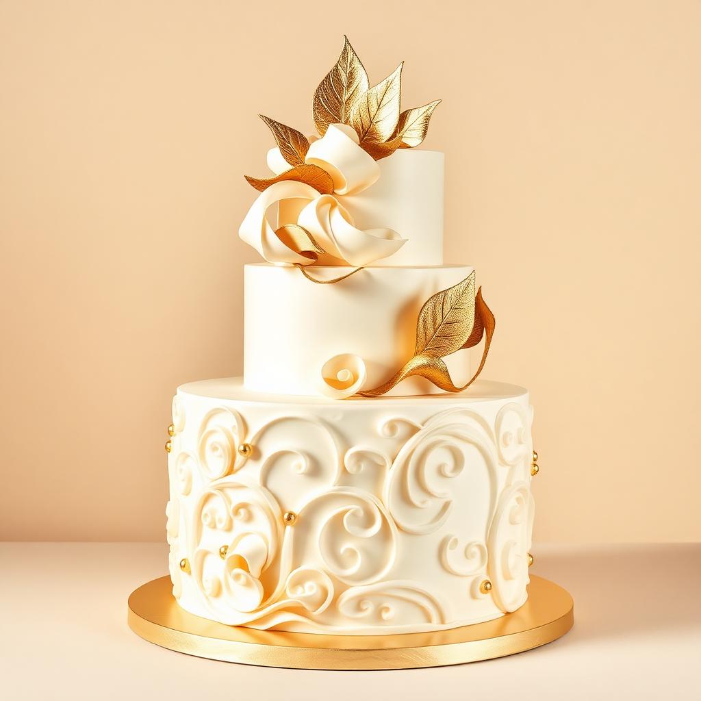 Designer cake with hand-piped scrollwork and gold leaf accents in Gurgaon