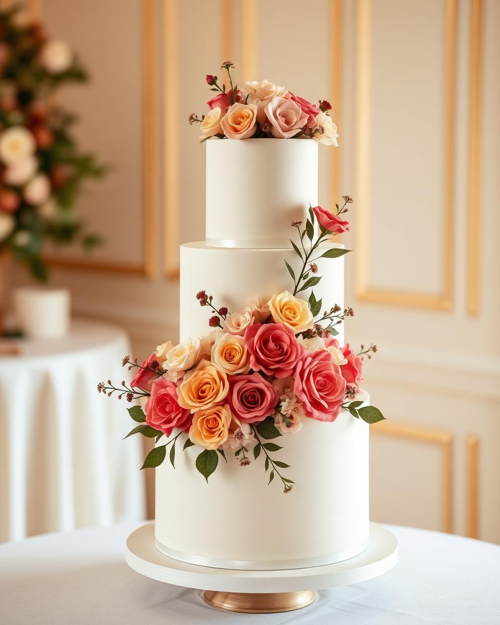 Three tier white wedding cake with fresh flowers by Fluffy Giraffe Gurgaon
