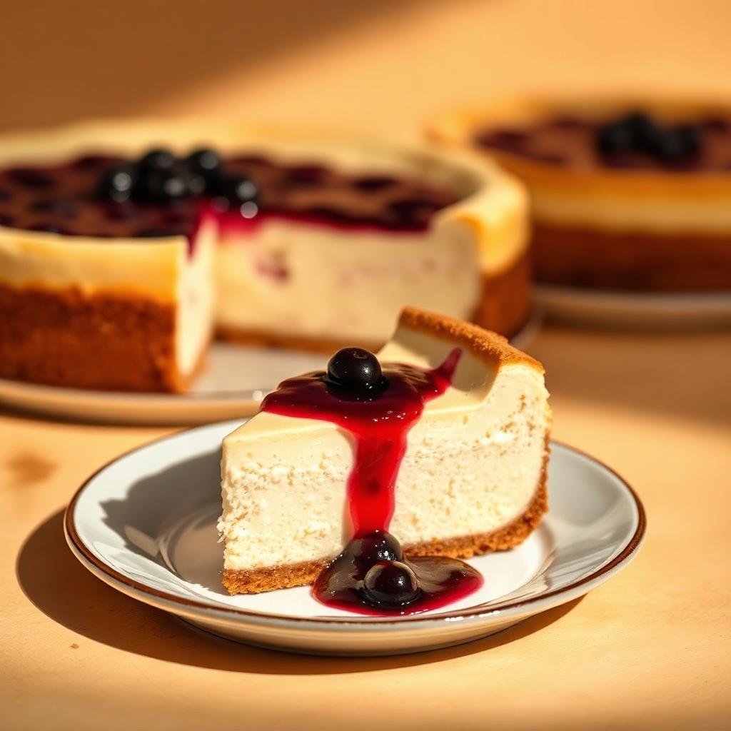 Slice of baked cheesecake with berry compote from a Gurgaon artisanal bakery