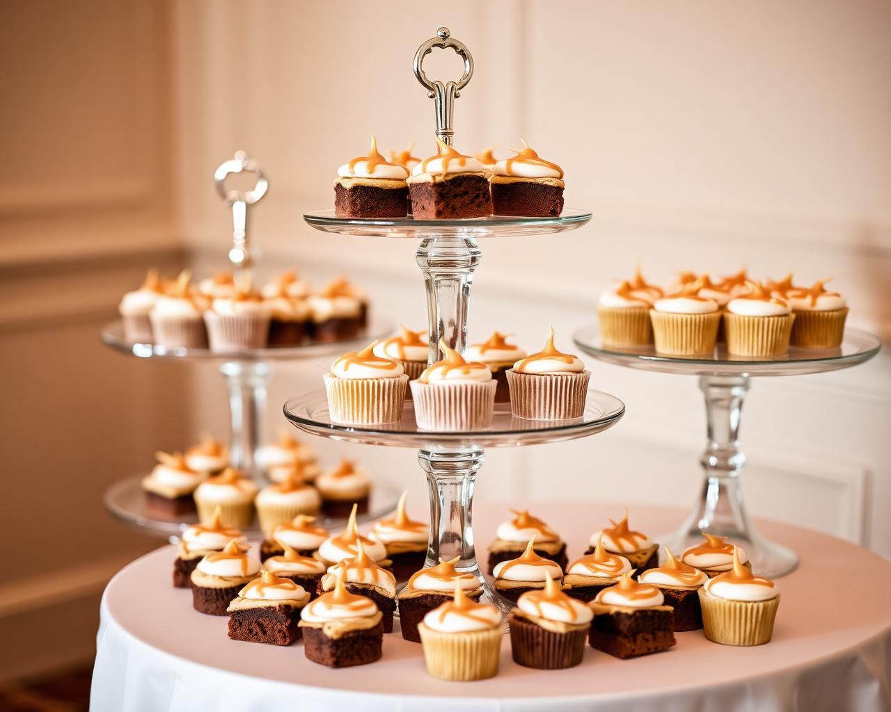 Layered dessert cups and brownies on a tiered dessert table