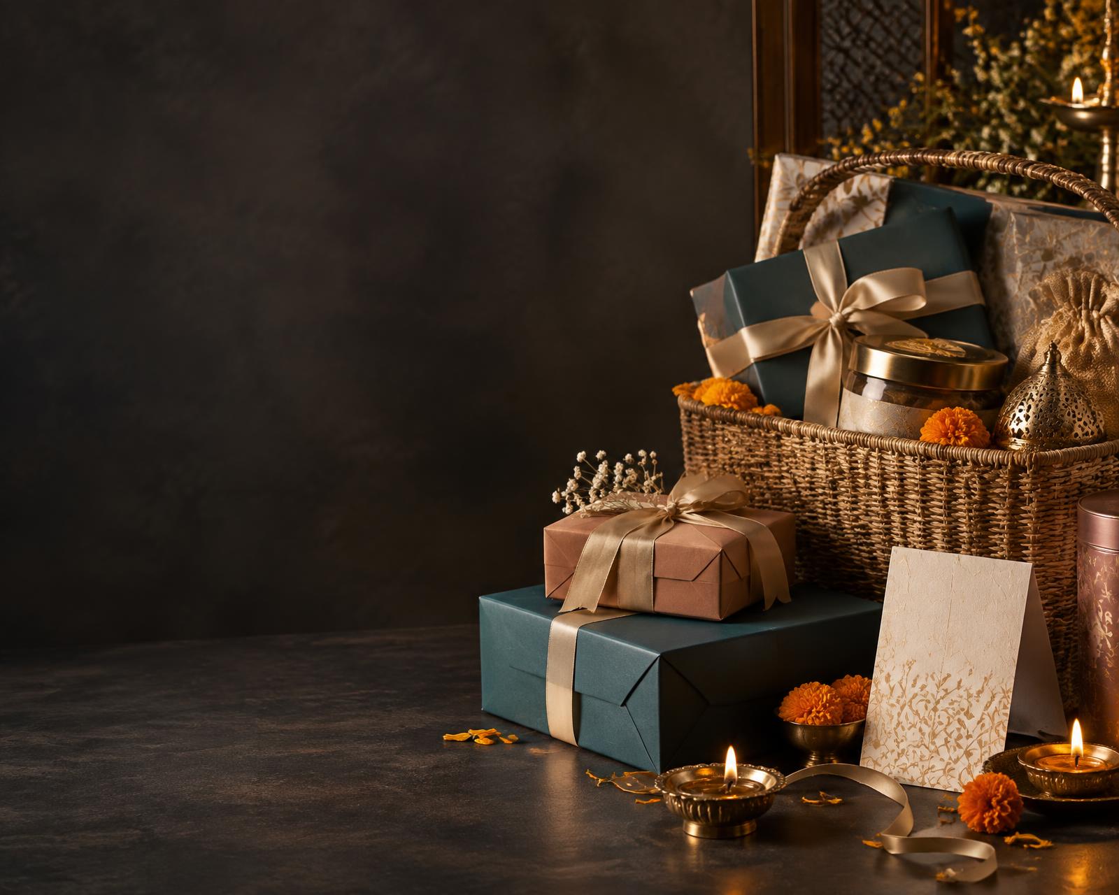Premium Diwali corporate gift hampers in Gurgaon with modern rigid gift boxes, gift baskets and artisan bakery desserts