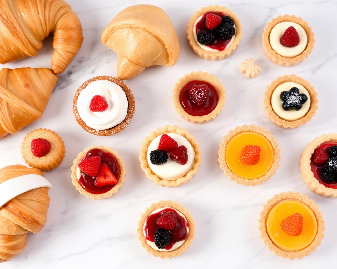 Assorted French pastries and croissants on marble