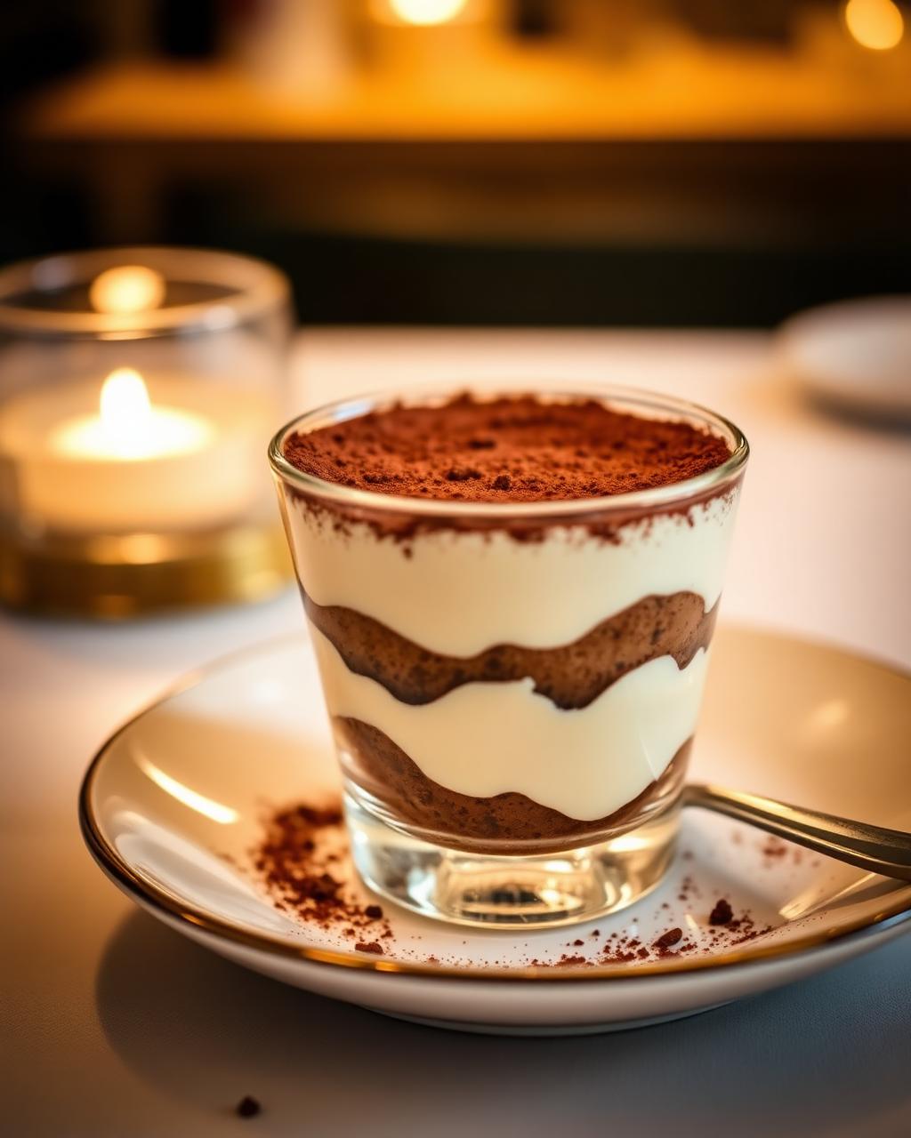 Classic tiramisu in a glass cup dusted with cocoa
