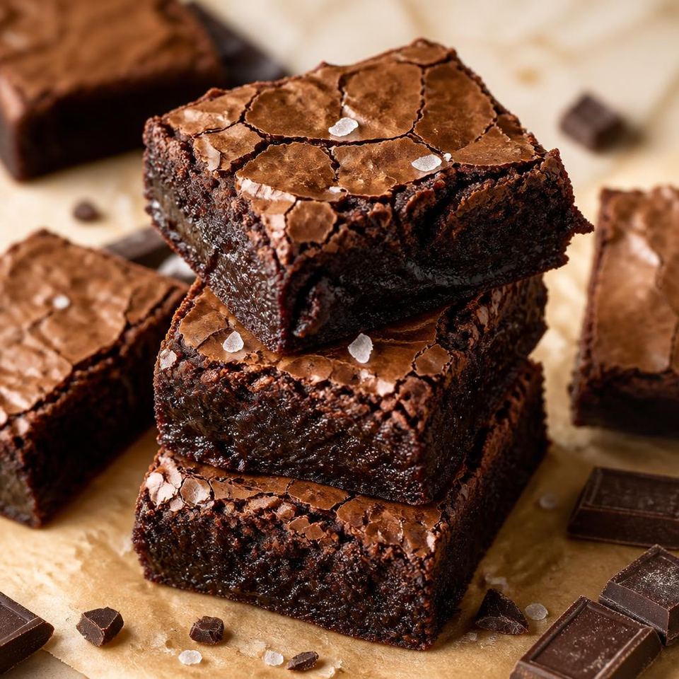 Stack of fudgy Belgian chocolate brownies with crackled tops and sea salt from a Gurgaon bakery