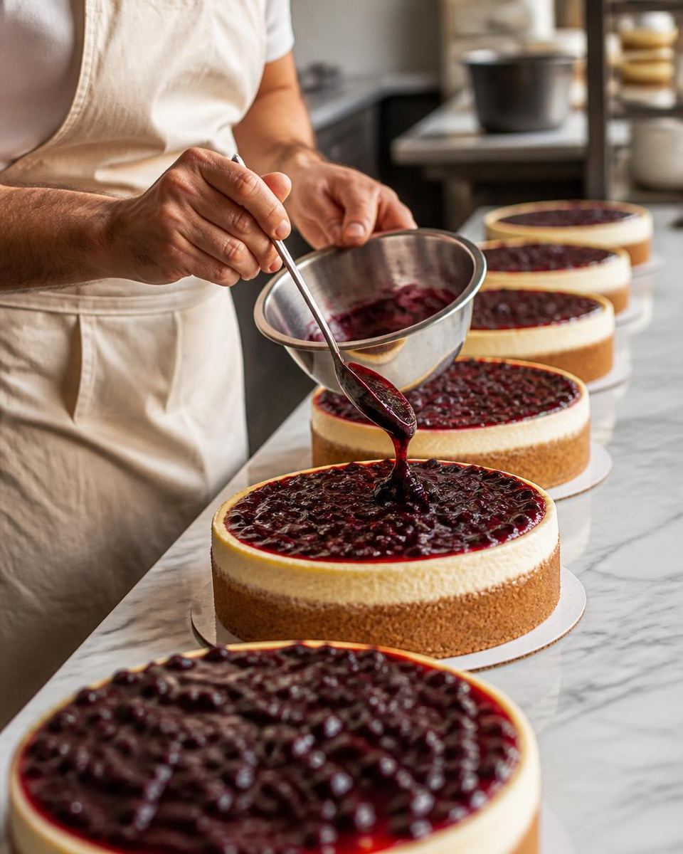 Baker glazing a row of whole cheesecakes with berry compote for a bulk dessert order in Gurgaon