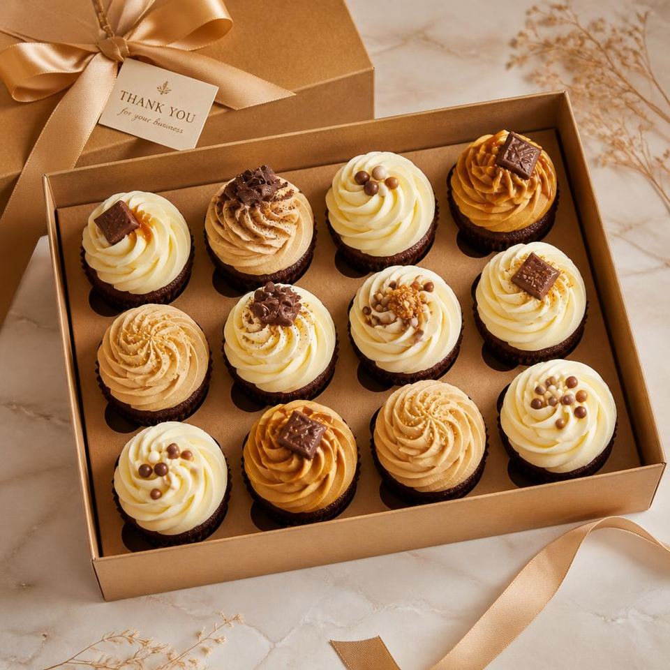 Corporate gifting box of twelve assorted cupcakes with gold ribbon from Fluffy Giraffe Gurgaon