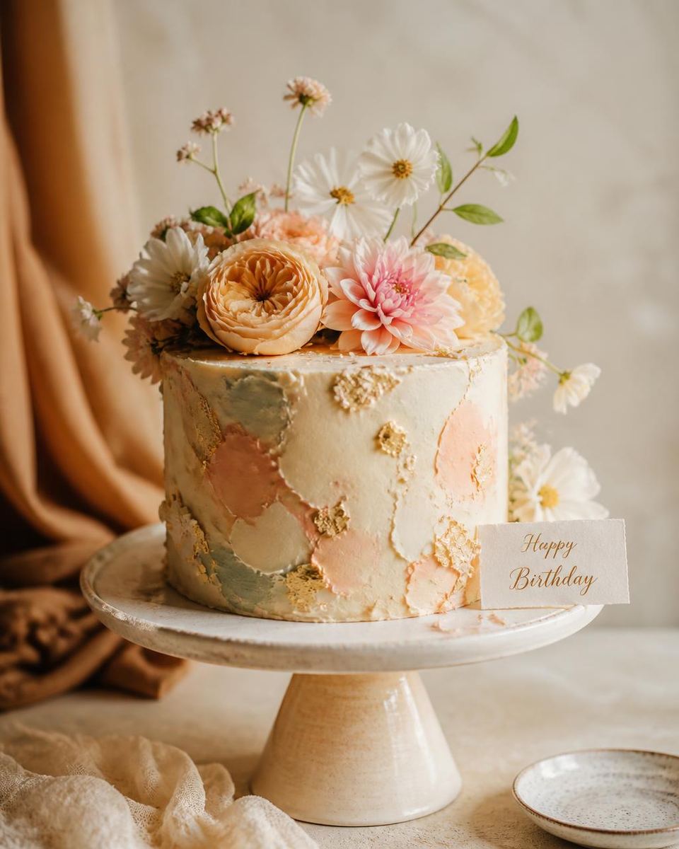 Custom celebration cake with hand-painted pastel buttercream, edible flowers and gold leaf from Fluffy Giraffe Gurgaon