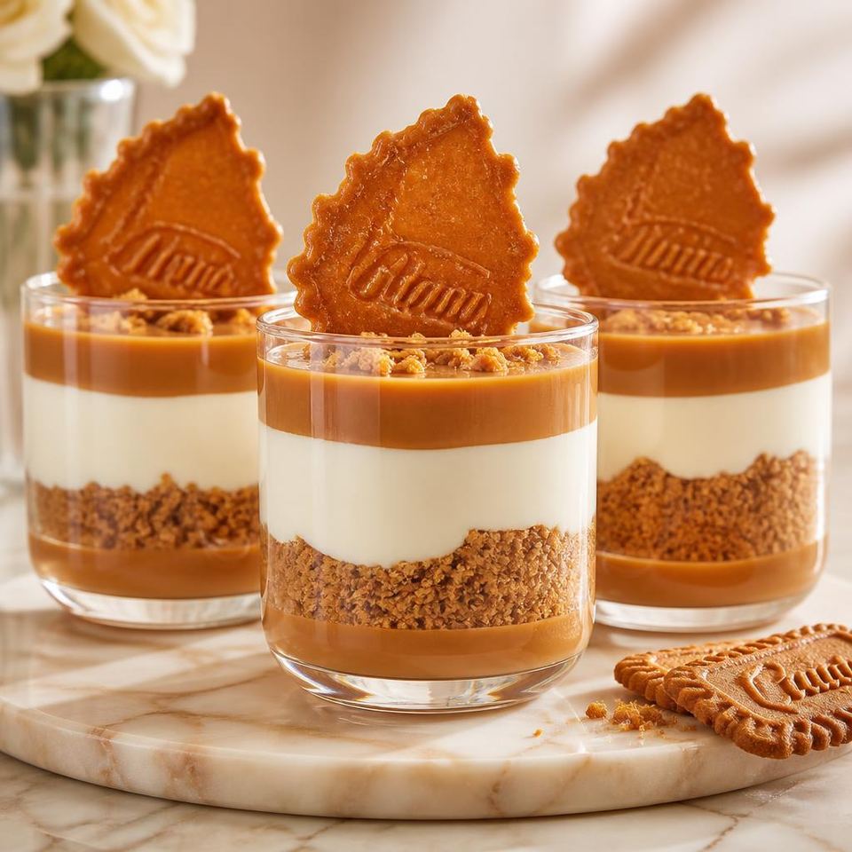 Close up of three biscoff layered dessert cups with caramel, cream cheese mousse and cookie crumb, Gurgaon