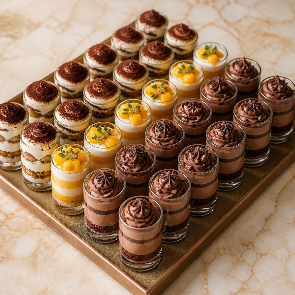 Tray of layered dessert shot glasses in tiramisu, mango cream and chocolate mousse for a Gurgaon event order